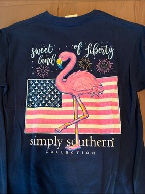 Simply Southern 4th of July Navy Blue Tee with Pink Flamingo & Flag Youth Small